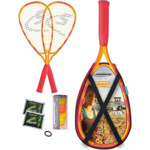 Speedminton S65 set – speedbadminton – crossminton – speed badminton - oranje/rood - 2 duurzame rackets - 3 speeders - 2 speedlights - 1 windring - incl handige schoudertas