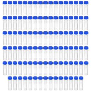 HUAZIZ 100 stuks reageerbuisjes met schaal van 1,5 ml, laboratoriumreageerbuizen van transparante kunststof met blauw deksel en getrapte markeringen, laboratoriumbuisjes van kunststof