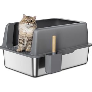 Goodivery ® Extra Grote Roestvrijstalen Kattenbak Met Deksel En Hoge Rand Voor Comfortabele Privacy