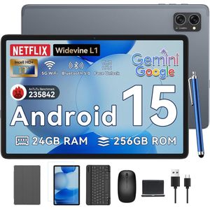 TABWEE T20 Tablet - 5G WiFi Tablet - 24GB RAM - 256GB - 5000mAh - Android 15 - Met Toetsenbord - Muis - Pen - Hoes - Octa-core - Grijs