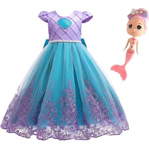 Zeemeermin jurk Prinsessen jurk Luxe met kant + popje - Maat 140/146 (150) verkleedjurk meisje verkleedkleding - verjaardag - speelgoed