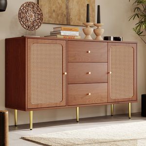 KOMHTOM Dressoir met 2 deuren en 3 laden rotan deuren met lade verstelbare plank bruin