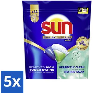 5 x Sun - Brilliant Shine Plus - All-in-1 Vaatwascapsules - 34 Tabletten - Vaatwasmiddel - Vaatwascapsules - Bio-enzymen - Vaat Reinigen - Vaatwasser