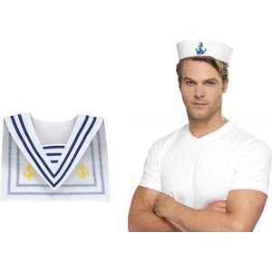 Carnaval verkleed Matrozen hoedje - wit/blauw - met matrozen kraag - volwassenen - accessoires set