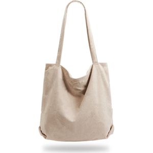 Geweo Schoudertas - Tote Bag - Shopper - Valentijn Cadeau - Met Rits - Ribstof - Beige