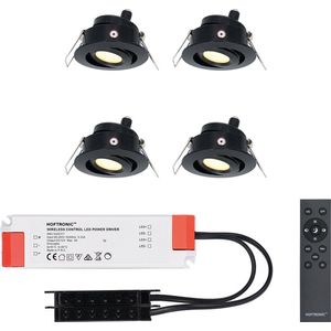 Set van 4 HOFTRONIC Sienna - LED Inbouwspot voor veranda, overkapping en badkamer - Zwart - 12 volt - Incl. afstandsbediening - Dimbaar en kantelbaar - 3 Watt 200 lumen - Zaagmaat: Ø 44 mm - extra plat 30mm - 2700K Warm wit - IP44 waterdicht