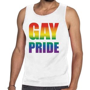 Gay pride tanktop / mouwloos shirt wit met regenboog tekst voor heren - Gay pride kleding XXL