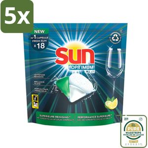 5 x Sun Optimum - All-in-1 - Vaatwasmiddel - Capsules - Citroen - 18 Capsules - Grootverpakking - Vaatwasmiddel - Vaatwasmiddel Capsules - Citroen - Vaatwasmiddel Citroen - Vaatwasmiddel All-in-1
