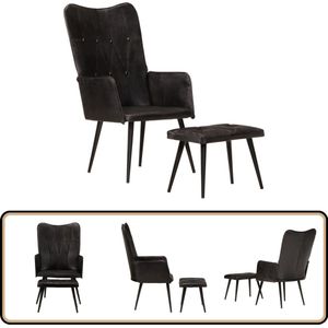 vidaXL Fauteuil met voetenbank - Echt leer, zwart Lederen Fauteuil - Fauteuils Met Pootensteun - Lounge Stoel - Design Fauteuil - Zitzakken