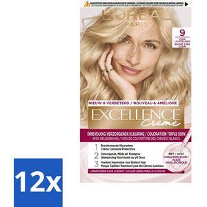 12 x L'Oréal Excellence Crème Permanente Crèmekleuring 9 Zeer Licht Blond - Haarverf - Permanente Haarkleuring - Grijsdekking - L'Oréal Paris - Excellence Crème