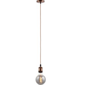 Pendel Koper - Inclusief Lichtbron Rookglas - Vintage - 1.5m Snoer - Met Plafondkap