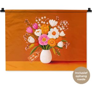 Wandkleed 60x45 cm - Wanddoek Vaas - Bloemen - Oranje - Wandtapijt - Wandkleden