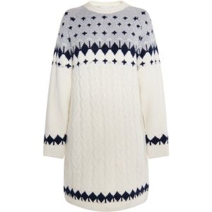 usha - BLUE LABEL - Gebreide Jurk - Blauw - Lichtgrijs - Wit - Knielengte - Lange Mouw