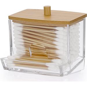 Vitdipy - Acryl Q-Tip Houder met Bamboe Deksel - Doorzichtige Q-Tips Dispenser - Badkamercontainers Bus - Wattenstaafje Houder - Badkamer Aanrecht Opslag：Organizer voor Q-tip Wattenstaafje