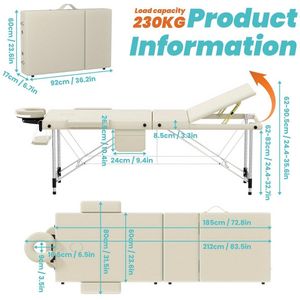 Aluminium Massagetafel – Draagbare Massagetafel – Vouwbare Massagetafel – Behandelbank – Tafel Met Opbergtas – 8 Niveau Hoogte Verstelbaar – Inclusief Afneembare Hoofdsteun – Beige Kleur