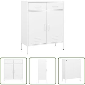 The Living Store Opbergkast - Stalen kast - Wit - 80 x 35 x 101.5 cm - 2 deurtjes - 2 lades - Draagvermogen 100 kg