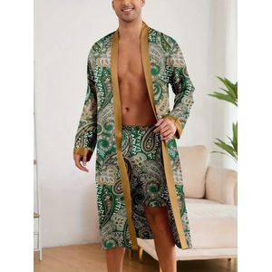 ochtendjas badjas pyjama satijn heren nachtkleding groen goedkoop huispak comfort mannen glans reverkraag knopen elastisch lange mouwen lange broek