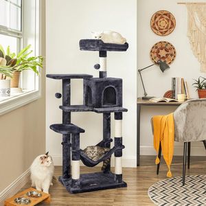 Kattenboom XL - Luxe Kattenhuis - Kattenkrabpaal - Voor Katten - 143 cm - Extra Stevig - Met Hangmat - Grijs - Fluweel