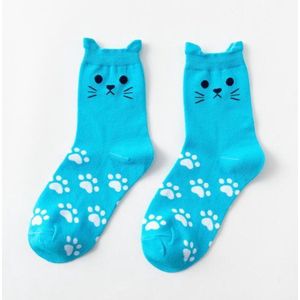 Sokken dames - blauw - leuke print kat met ogen - maat 36-40 - cadeau - voor haar