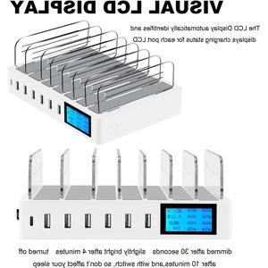 USB Oplaadstation QC3.0 Vloeibaar kristalscherm monitor - Meerdere apparaten oplader - 7 USB Fast Ports Docking Station - Compatibel met iPad iPhone tablet en mobiele telefoon Oplaadstation