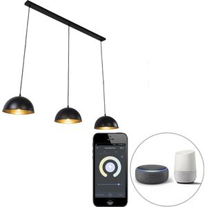 QAZQA magnax - Industriele LED Smart Hanglamp eettafel incl. wifi voor boven de eettafel | in eetkamer - 3 lichts - L 138 cm - Zwart Goud - Industrieel - Woonkamer | Slaapkamer | Keuken
