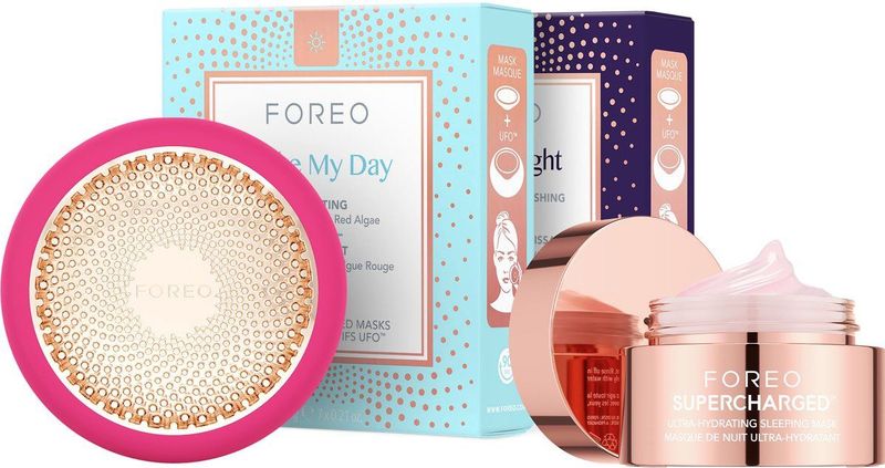 FOREO UFO 3 Fuchsia diepe hydratatie + 14 UFO Geactiveerde Maskers + Hydraterend Nachtmasker
