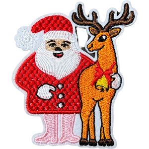 Kerst Rendier Kerstman Strijk Embleem Patch 6.2 cm / 7.5 cm / Rood Wit Beige
