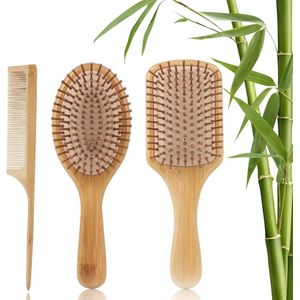 Zeynomax - Bamboe Haarborstel Hout Anti-Statische Haarborstel voor Mannen, Vrouwen en Kinderen met Dik Lang Haar en Glad Krullend Haar (Set van 3 Haarborstels)
