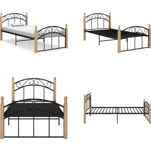 vidaXL Bedframe metaal en massief eikenhout zwart 100x200 cm - Bedframe - Bedframes - Bed - Bedden