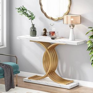 Wise ® Gouden -Toegangstafel- Moderne -39-Inch -Console- Faux- Marmer -Smalle- Houten- Bank -Geometrische- Metalen -Poten