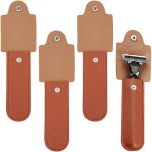 4Pcs PU Leather Razor Protective Cover - 141mm Long Saddle Brown Razor Sheath - Button Design Shaving Pouch Holder for Travel - Inner Size: 109x30mm