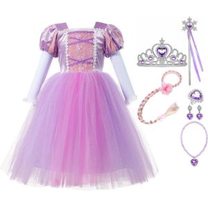 Het Betere Merk - Prinsessenjurk meisje - Paarse Jurk - 134/140 (140) - Verkleedkleding Meisje - Tiara+Toverstaf - Juwelen - Haarband met haarvlecht - Speelgoed meisje - Cadeau Meisje - Kleed - Verjaardag