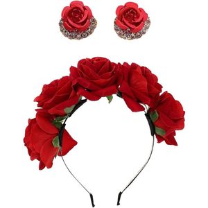 Hoofdband met rode rozen en oorbellen set voor vrouwen - bloemenhaarband voor verjaardagsfeest