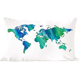 Sierkussens - Kussen - Waterverf wereldkaart blauw-groene strepen op witte achtergrond - 50x30 cm - Kussen van katoen