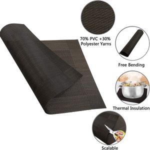 Placemat, afwasbaar, set van 6, pvc, slijtvast, hittebestendig, antislip, placemats voor keuken, thuis, restaurant, eettafel, 45 x 30 cm (zwart + goud)