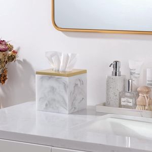 Hars zakdoekdoos, vierkante cosmeticadoekendoos, rollen papier, doekjesbox, tissuebox met gouden afdekking voor eetkamer, badkamer, slaapkamer, auto, kantoor, inkt wit