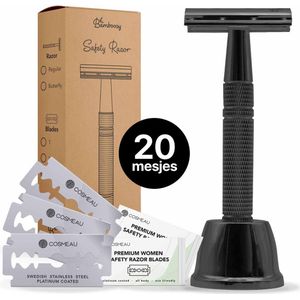 Safety Razor + Houder + 20 Scheermesjes Aluminium Deep Black Zwart Unisex Scheermes