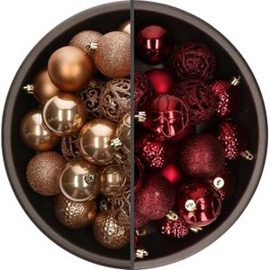 Bellatio Decorations Kerstballen mix - 74-delig - donkerrood en camel bruin - 6 cm - kunststof