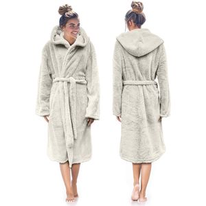 LINNICK Teddy Fleece Badjas met Capuchon inclusief Teddy Tas - Off White - M - Badjas Dames - Badjas Heren