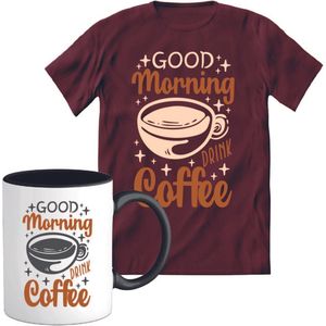 T-Shirtknaller T-Shirt met Koffiemok | Good Morning Coffee - Koffie Kleding | Heren / Dames Shirt met Mok Cadeau | Kleur rood | Maat XL