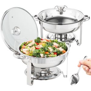 KTN® Buffetwarmer set van 2 - Catering - Verwarmer - Warm en Koud - Warmhoudschaal - RVS - Glazen Deksel - Serveren - Rond