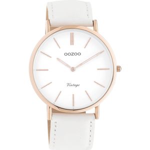 OOZOO Timepieces - Rosé goudkleurige horloge met witte leren band - C9315