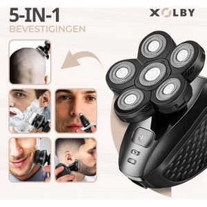 Xolby® 5 in-1 Multifunctionele 6D Scheerapparaat, Mannen + Extra Scheerkop - Gezicht en Hoofd Trimmer - Skull Shaver - Nat & Droog Shaver - Face en Head Shaver – Hoofd Kaal