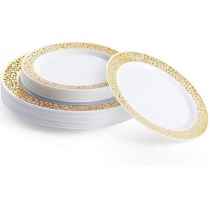 MATANA - 40 Set Premium Witte Herbruikbare Plastic Borden met Gouden Rand - Inclusief 20 Diner Borden (26cm) & 20 Dessert Borden (19cm) - voor Bruiloften, Verjaardagen, Doopfeesten, Kerstmis en Feesten