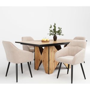 Merax Eettafelset 5-delig – Moderne eettafel (138,5 x 80 cm) met houtnerfpatroon en 4 beige velvet stoelen met massief houten poten