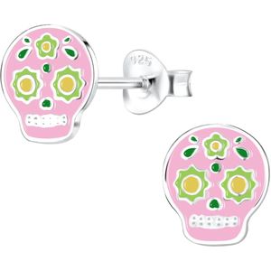 Joy|S - Zilveren sugar skull oorbellen - roze - halloween oorbellen