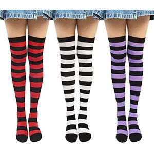 3 Paar Vrouwen Gestreepte Dij Sokken Knie Hoge Sok Dames Overknee Lange Boot Kous voor Meisjes Beenwarmer Hoge Sokken Casual voor Dagelijks Dragen Cosplay One Size Paars Rood Zwart