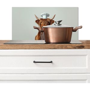 Spatscherm keuken 60x30 cm - Kookplaat achterwand Schotse Hooglander - Bruin - Hoorns - Kokskleding - Muurbeschermer - Spatwand fornuis - Hoogwaardig aluminium