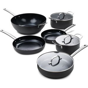 ISENVI Murray Chef Familie 6 delig - RVS grepen - Antraciet - Keramisch - 100% PFAS, PTFE en PFOA vrij - 100% duurzaam - Unieke Antiaanbaklaag - Non-stick bodem - Vaatwasbestendig - Geschikt voor alle warmtebronnen inclusief inductie