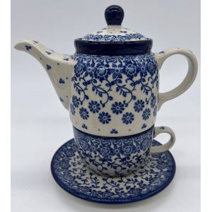 Bunzlau keramiek tea for one blauwe bloemenrand